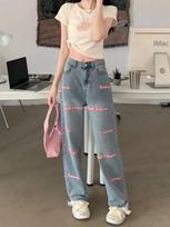 Pink Letter Print Vintage Wash Wide Leg Jeans Women 2000s High Waist Sweet Baggy Pants Female American Retro Long Straight Trouser S mėlyna