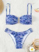 Sexy Pleate Micro Bikini Women U Neck Push Up Orange Floral Print Micro Swimsuit 2026 Summer Bathing Suit Lace Up Thong Swimwear S mėlyna