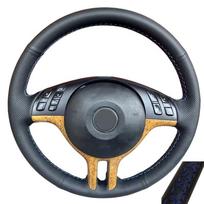 Automobilio vairo apdangalas, rankomis siūtas juodos dirbtinės odos, skirtas BMW E46 2000 2001 2002 2003 2004 2005 325i X5 E53 2000 2001 Blue Thread
