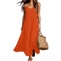 Women Bohemian Vacation Solid Color Sleeveless V Neck Maxi Dress Lightweight Casual Loose Fit Summer Sundress XL raudona