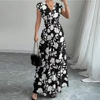 V Neck Short Sleeve Maxi Dress with Floral Print High Waist Elastic Waistband Lightweight Long Gown for Women M white