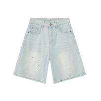 Men's Summer New Product with Splashed Ink Dot Design, Light Blue Washed Five Point Jeans Trend S šviesiai mėlyna spalva