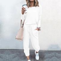 Casual Sports Sets for Women 2 Pieces Solid Color Round Neck T-shirt Bottoming Shirt Casual Fashion Trousers Set XXXL balta