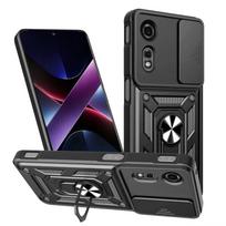 Magnetinis metalinis žiedinis laikiklis dėklas ZTE Blade A75 A55 A35 Nubia Focus Neo 3 Neo2 su slankiojančiu objektyvo dangteliu, kameros apsauga, smūgiams atsparus šarvuotas kietas dėklas For ZTE Blade A55 juoda