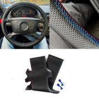 For BMW E36 E39 E46 X3 E83 X5 E53 Steering Wheel Cover Hand Stitched Black-red blue line Perforated Leather w/ Needles & Threads