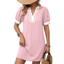 Women Casual Loose Fit Dress with Puff Sleeves and V Neck Trim Relaxed Fit Pullover Tunic Style XL rožinė