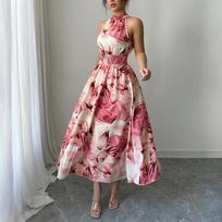 Moterų gėlėto rašto su kaklu, be rankovių, su raukiniais, midi suknelė vasarai, su susiaurintu juosmeniu, elegantiško stiliaus, kasdieniam ir šventiniam dėvėjimui L rožinė