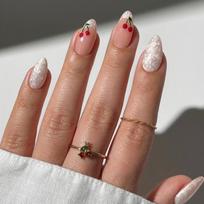 Press on Nail Short Almond Fake Nail French Full Cover Acrylic False Nail Cherries Design Fake Nail for Women and Girls 1