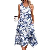 Sleeveless Floral Print Midi Dress for Women Casual Loose Fit Summer Tank Dress with Handkerchief Hem Pockets M