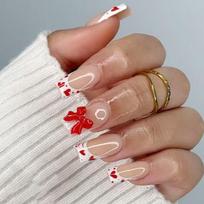French White Glossy Heart Bows Press On Nail 24Pcs Valentines Design For Weddings Date Nights 1