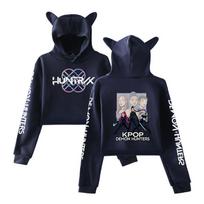KPop Demon Hunters Hoodies Merch Hoodies Sweatshirt for Girls Cat Ear Crop Pullover Casual Clothes XS tamsiai mėlyna spalva
