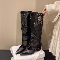 Retro Rivet High Tube Boot Short  French Style Women'st Versatile Western Cowboy Long Tube Boot British Knight Boot 35 juoda