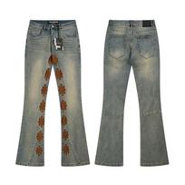 BeatStreet Embroidered Floral Flare Jeans Men Vintage Washed Distressed Bootcut Denim Pants Hip Hop Y2K Streetwear Slim Trousers 30