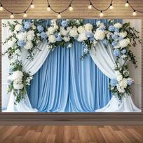 A fashionable floral wedding backdrop fabric, featuring luxurious blue curtains and white hydrangeas- 180X110