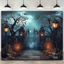 1 terrifying iron gate background - Moonlight sky and illuminated portal  polymer photo background  Halloween decoration 150X100