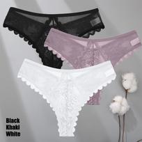 FINETOO 3Pcs/Set Sexy Lace Thongs Women Solid G-String Panties   Floral Perspective Underwear Female Soft Breathable Lingerie S&3pcs