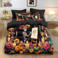3pcs The Day of the Dead Skeleton Flower Printed Quilt Set, Multi Size Bedroom Dormitory Bedding Decoration, Machine Wash 135x200cm-EU-Single&set