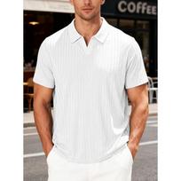Men's Ribbed Knit V-Neck Polo Shirt - Casual Turn-Down Collar Short Sleeve Top for Daily Wear S balta