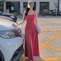 Dopamine Vacation Korean-Style Summer Dress: Elegant Waist-Cinched Spaghetti Strap Slimming Long Skirt for Women XL