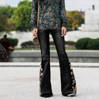 Lady High Waisted Stretch Slim Pants Embroidery Boot Cut Pant Length Jeans M juoda
