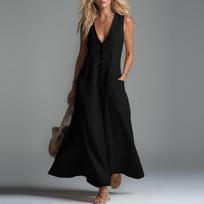 Sleeveless V Neck Button Down Long Dress with Front Pockets Relaxed Fit Lightweight Material for Women L juoda