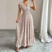 Women’s Floral Print Maxi Dress V Neck Ruffle Sleeve Smocked Waist Long Flowy Summer Dress for Casual or Vacation Wear L