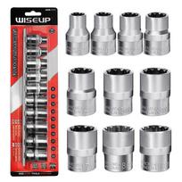 WISEUP 10Pcs 1/2  Drive Universal Spline Socket Set 12-Point Cr-V Socket For Car Repair Hand Tool Kits Metric 8-19mm 12 Pcs Set