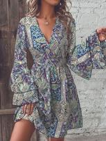 2024 Elegant Paisley V-Neck Flare Sleeve Dress for Women - Autumn/Winter Collection. XXXXX-Large (5XL) povo mėlyna spalva