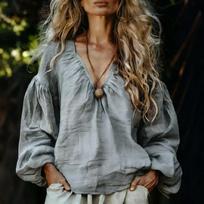 Women's Simia Style Linen Loose Fit Long Sleeve Basic Top with V Neck and Gathered Shoulder Design for Casual Wear XXL