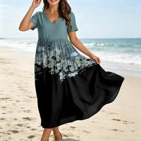 Women’s Casual Bohemian Style Loose Fit Floral Print Short Sleeve V Neck Maxi Dress for Everyday Wear L juoda