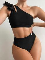 Bikinis Vienspalvis Seksualus Moteriškas Dalinis Maudymosi Kostiumas Vieno Peties Tuščiaviduris Dviejų Dalių Rinkinys XL juoda