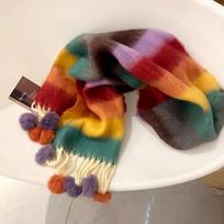 Winter Dopamine Rainbow Striped Thick Warm Brushed Fringe Fur Ball Scarf