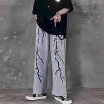 Men's Casual Pants with Dark Lightning Print, Loose and Long, Retro High Street Straight Wide Leg Sport S
