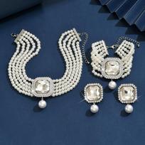 Luxurious Multi-Layer Imitation Pearl Geometric Crystal Full Diamond Colored Pearl Three-Piece Set Of Fashion Exaggerated Accessories