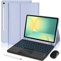 Klaviatūros dėklas, skirtas Samsung Galaxy Tab S10 FE / S9 FE, Sintetinės odos, levandų spalvos, su apšviečiamu klaviatūros mygtukais + Pelė + Rašiklis