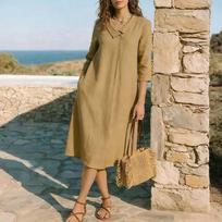 Women Loose Fit Casual 34 Sleeve Solid Midi Dress Lightweight Comfortable Relaxed Pullover Design for Everyday Wear XXL
