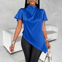 Women’s Satin Loose Fit Short Sleeve Shirt with High Neck and Asymmetric Hem Modern Blouse Top M mėlyna