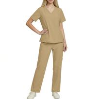 Women Short Sleeve V Neck Scrub Set Two Piece Uniform Top and Pants for Medical Workwear Healthcare Professionals M chaki