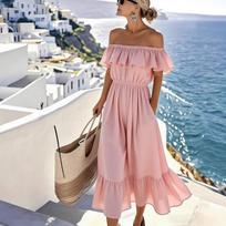Women’s Off Shoulder Ruffle Hem Midi Dress Casual Loose Fit Summer Dress with Elastic Waist and Flowy for Daily Wear L rožinė