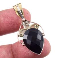 Natural Black Onyx Gemstone 925 Solid Sterling Silver TwoTone Pendant 1.50  R3B44