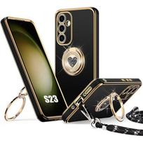 Protective Case - BOOLING - for Samsung Galaxy S23 - Black Silicone - with Lanyard - Rotating Ring