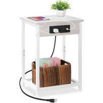 Siaura naktinė spintelė su įkrovimo stotele - 2 pakopų šviesaus klevo ir balto medžio naktinė spintelė, USB prievadai ir lizdai + laikymo lentyna balta