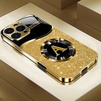 Blizgančio raidės A rašto aukso metalo dažų stiklinis telefono dėklas, skirtas iPhone 11 12 13 14 15 16 17 Pro Max Plus 17 Air 16E dangtelis iPhone 14 Pro