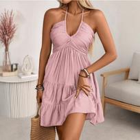 Sleeveless V Neck Ruffle Splicing Off Shoulder Dress for Women Summer Dresses for Women Casual Summer Dresses for Women Beachwear L rožinė