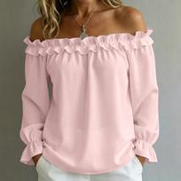 Women Off Shoulder Blouse Long Sleeve Ruffle Trim Elastic Cuff Casual Loose Fit Top for Everyday Wear L rožinė