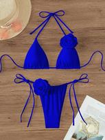 Paplūdimio vakarėlis Seksualūs bikiniai, gėlėti maudymosi kostiumėliai, moteriški raižyti kaklo, madingi, saldūs maudymosi kostiumėlių rinkiniai, moteriški, 2024 m. S mėlyna