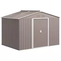 "Outsunny" cinkuota plieninė stoginė 4,9 m² 277x195x192cm stoginė su šlaitiniu stogu, pamatais, rakinamomis stumdomomis durimis, apsaugota nuo atmosferos poveikio, lauko stoginė kiemui, šviesiai pilka