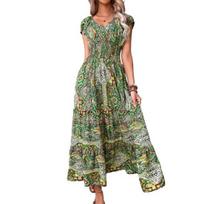 Summer Deep V-neck Short Sleeve Maxi Dress Bohemia Colorful Printing Elastic High Waist Ruffle Stitching Hem A-Line Beach Dress XXXL gray