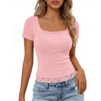 Women’s Short Sleeve Ribbed Knit Top with Lace Trim Square Neck Button Front Fitted Stretchy T Shirt M rožinė
