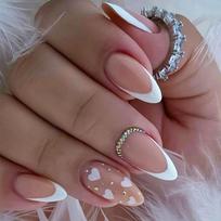 24pcs Short Almond Shaped Press On Nail Glossy Heart Designs French Tip Artificial Nail Natural Look for Daily Wear 1 gray